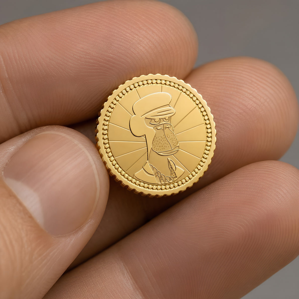 Close-up of the Bandor Coin in solid 18k yellow gold held between the fingers, showing the struck ape relief and milled edge of this luxury collectible coin.
