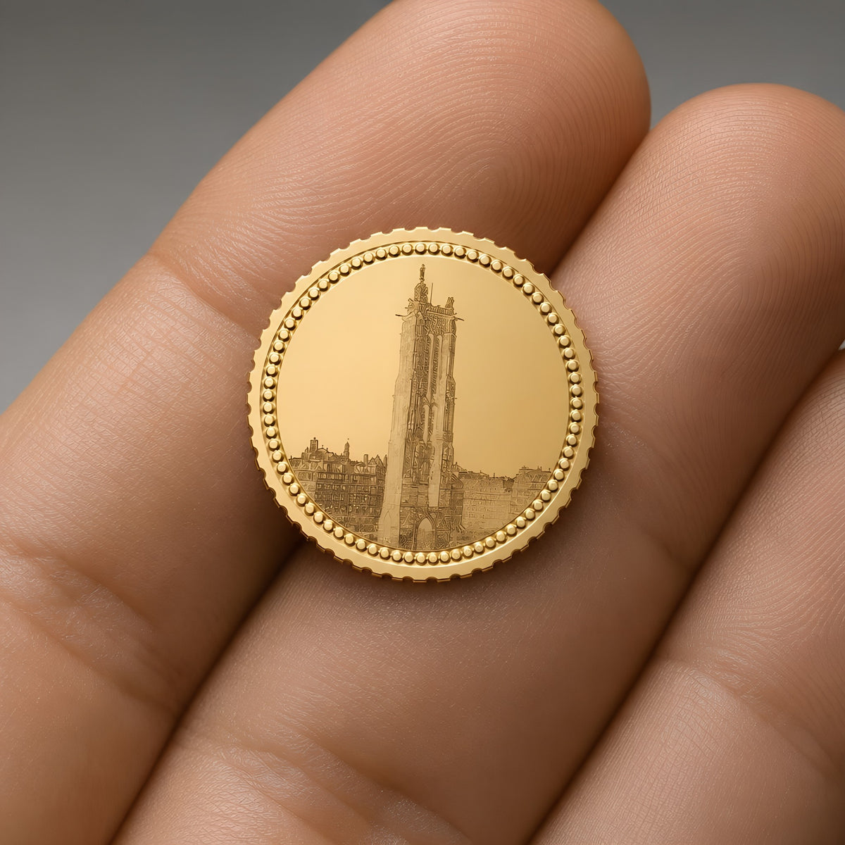 Macro of the Bandor Coin reverse in solid 18k gold on the fingertips: the Tour Saint-Jacques finely engraved above Parisian rooftops, beaded rim and reeded edge of the collectible gold coin.