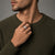 Man in an olive knit wearing the Bandor Essence Ring in platinum and 18k gold