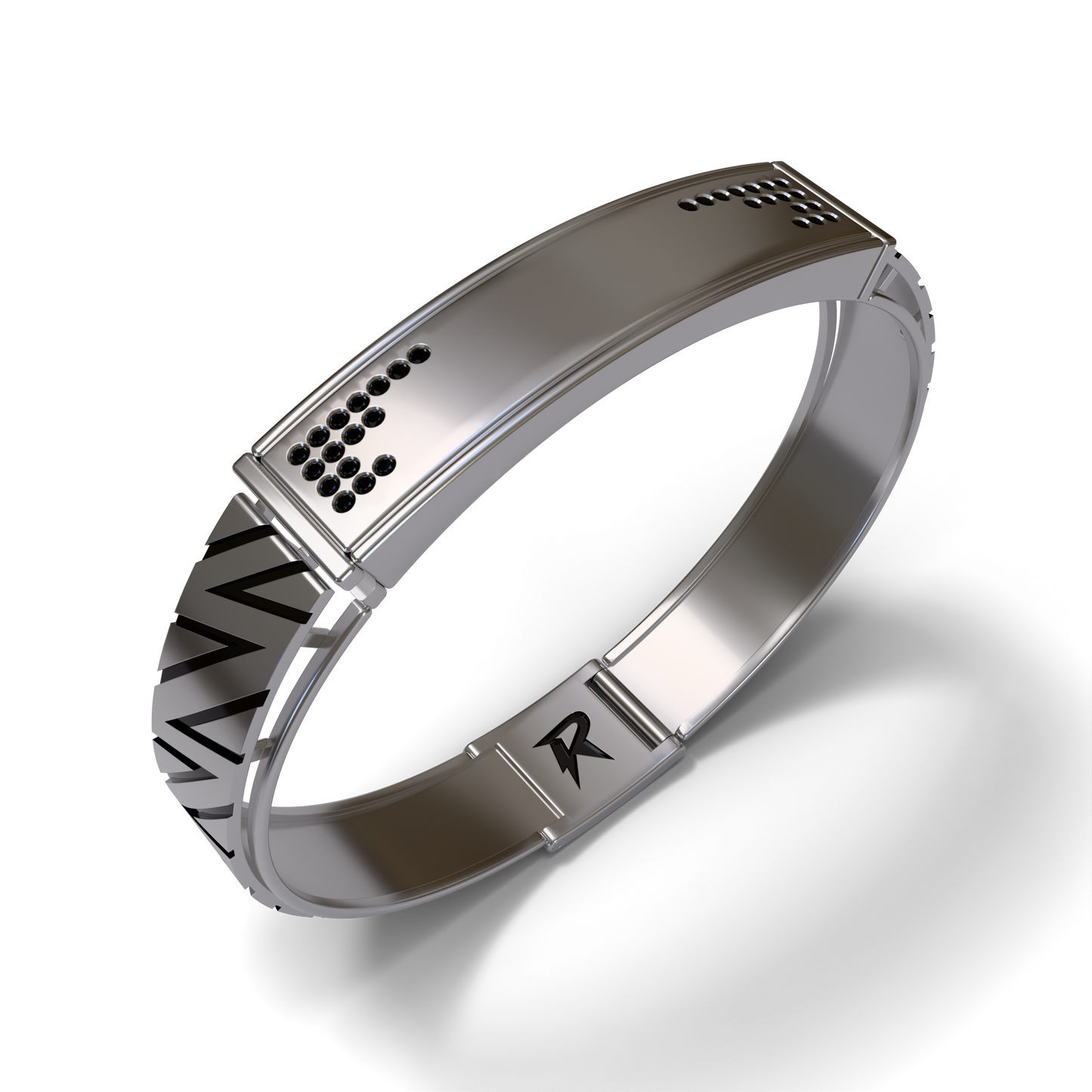 Bandor Vanguard Cuff in platinum standing upright: black diamond pave plaque on the polished bar, openwork lightning segments on the band, bolt seal on the clasp